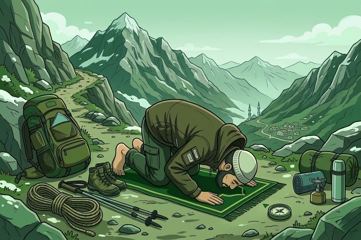 Ilustrasi seorang pendaki pria Muslim sedang bersujud sholat di atas sajadah hijau di jalur pegunungan. Pendaki melepas sepatunya yang diletakkan di samping sajadah, dikelilingi peralatan mendaki seperti ransel besar, tongkat daki, dan kompas. Latar belakang menampilkan pemandangan gunung yang megah dengan nuansa warna hijau yang dominan.