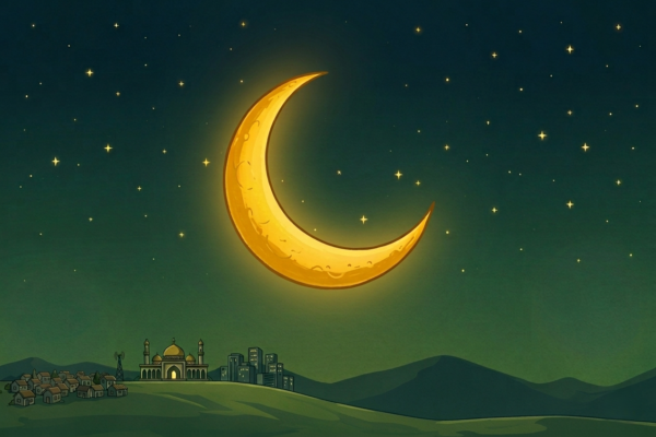 Ilustrasi bulan sabit kuning keemasan yang besar di tengah langit malam berbintang dengan gradasi warna hijau tua, di bawahnya terdapat siluet perbukitan, masjid, dan pemukiman kecil dalam gaya seni kartun yang lembut.
