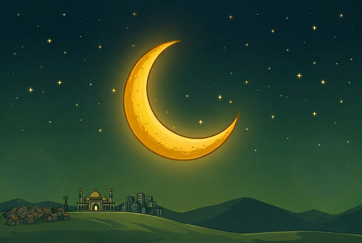 Ilustrasi bulan sabit kuning keemasan yang besar di tengah langit malam berbintang dengan gradasi warna hijau tua, di bawahnya terdapat siluet perbukitan, masjid, dan pemukiman kecil dalam gaya seni kartun yang lembut.