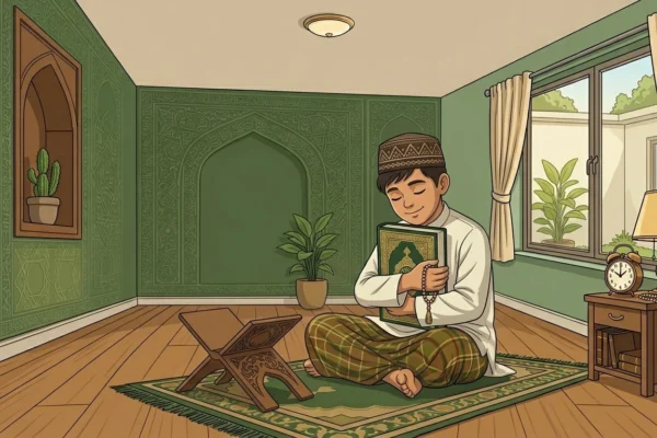 Seorang santri memeluk Kitab Suci