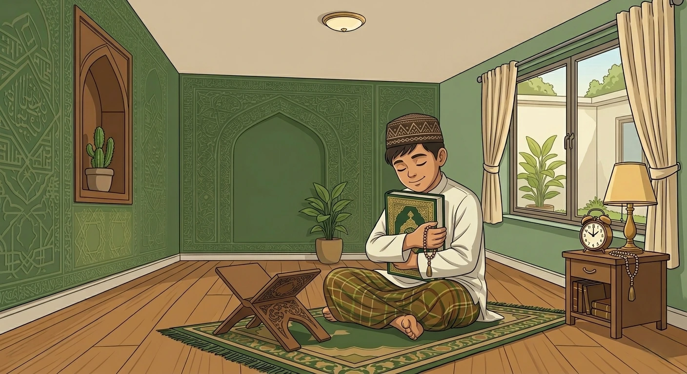 Seorang santri memeluk Kitab Suci