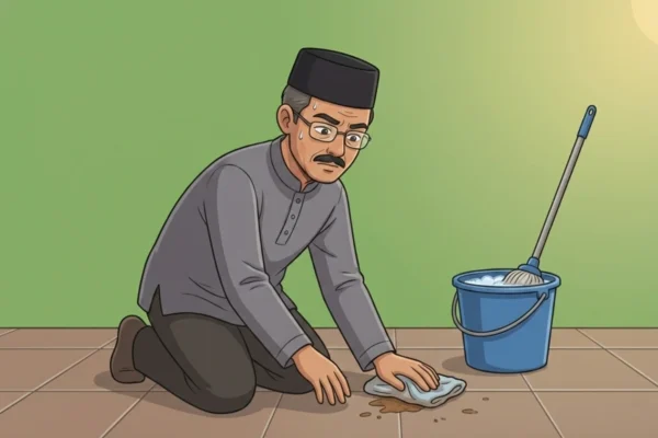 Ilustrasi seseorang sedang membersihkan najis di lantai