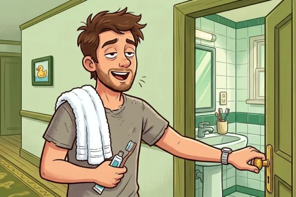 Ilustrasi pria membawa handuk dan sikat gigi sambil membuka pintu kamar mandi untuk mandi