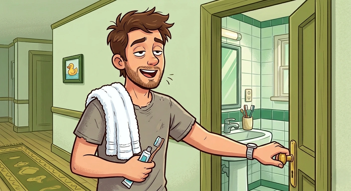 Ilustrasi pria membawa handuk dan sikat gigi sambil membuka pintu kamar mandi untuk mandi